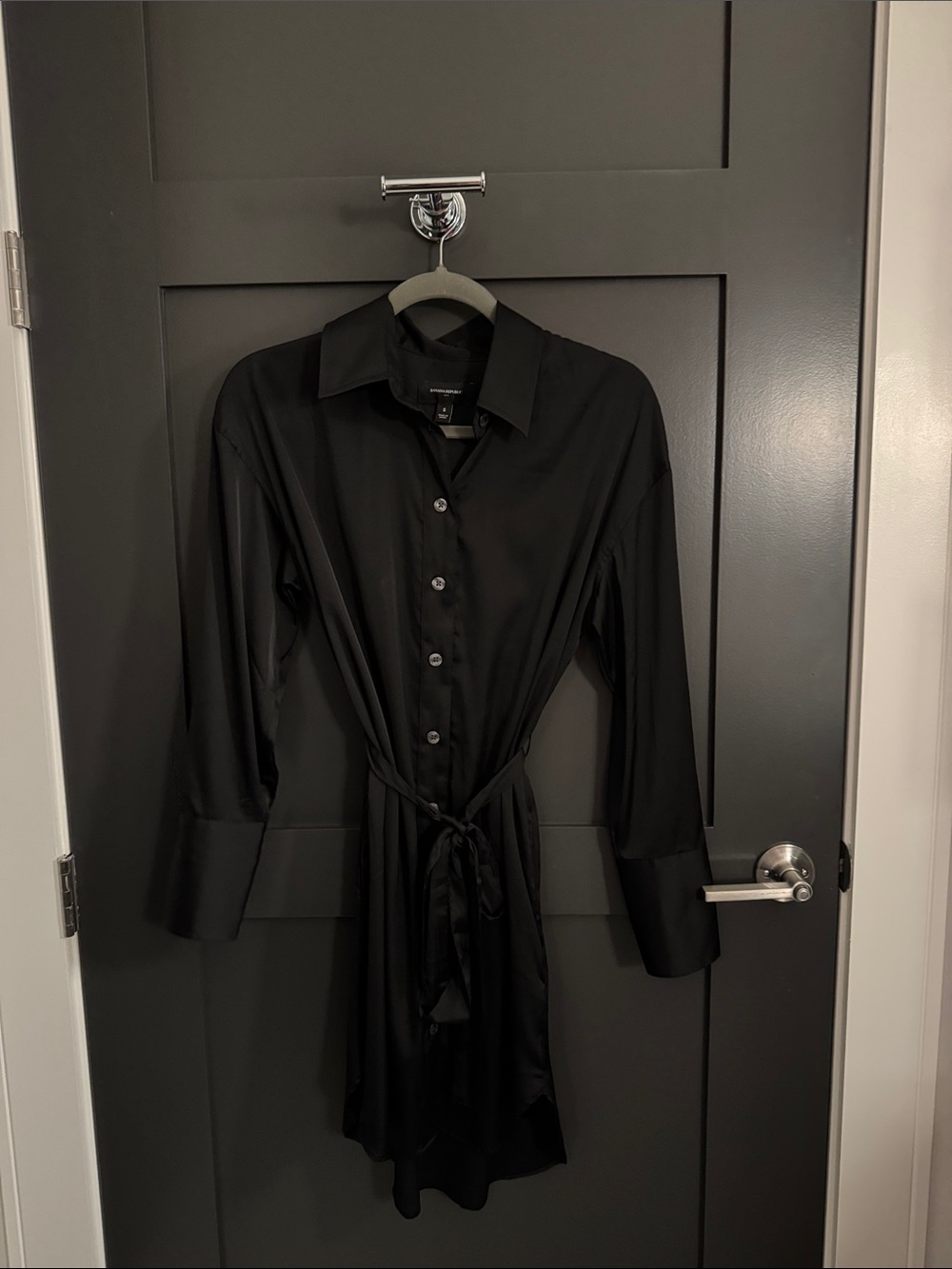 Banana Republic Black Long-Sleeve Shirt Dress with Waist Tie